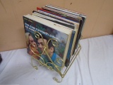 Large Group of LP Record Albums in Brass Rack