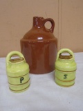 Small Brown Crock & Vintage Salt and Pepper Shakers