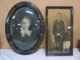 2 Antique Framed Pictures (Oval W/ Bubble Glass)