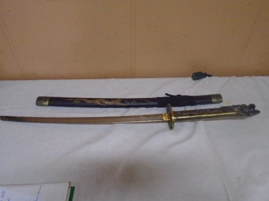 29.5" Sword w/ Carved Wood Scabboard & Dragon Handle