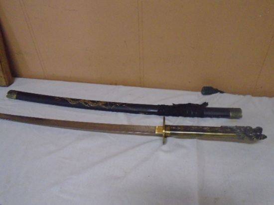 36.5" Sword w/ Carved Wood Scabboard & Dragon Handle