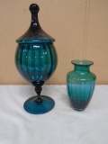 Beautiful Art Glass Covered Candy Dish and Vase