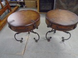 2 Matching Iron & Wood End Tables w/ Atlas Trunk Look