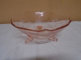 3 Footed Etched Pink Depression Glass Bowl