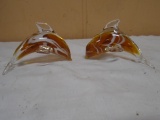 2 Matching Art Glass Dolphin Paper Weights