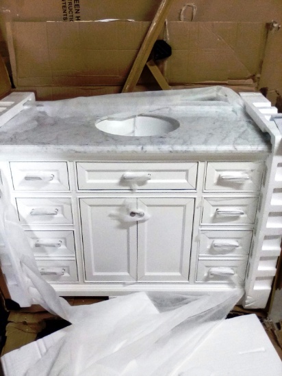 Windlowe 49 in. W x 22 in. D x 35 in. H Bath Vanity in White with Carrera Marble Vanity Top in White