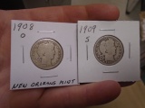 1908-O Mint and 1909-S Mint Barber Quarters
