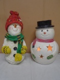 Lighted Ceramic Snowman & Snowman Statue