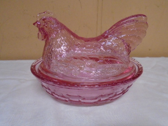 Pink Glass Hen on Nest