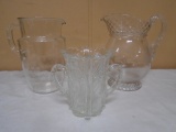 2 Etched Glass Pitchers & Crystal Spooner