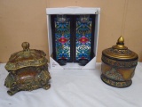 2 Covered Decorative Boxes & Brand New 2pc Candle Sconce Set