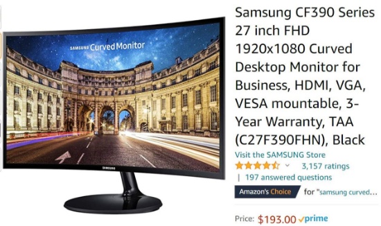 Samsung Curved 27" Monitor AMZ $193.00