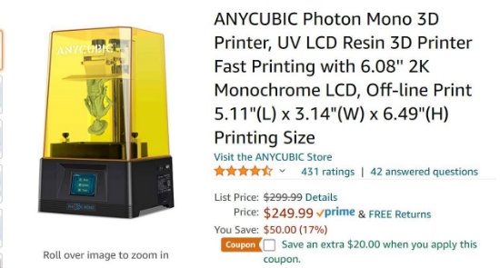 AnyCubic Photon Mono 3D Printer MSRP $299.99