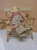 Vintage Wooden Doll Bench w/ Rag Doll