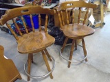 Matching Pair of Wooden Swivel Bar Stools