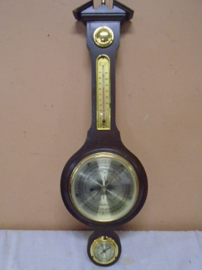 Vintage Wooden Banjo Thermometer w/ Barometer
