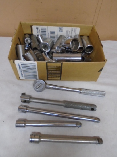 Large Group of Assorted Sockets-Extentions & S-K 3/8" Rathcet & Break Over