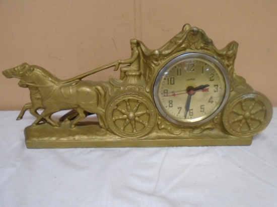 Antique United Metal Horse Drawn Carriage Clock