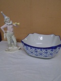 Porcelain Clown Figurine and Blue Porcelain Bnowl