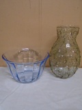 Wire Wrapped Glass Vase and Large Blue Glass Bowl