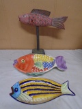 Wooden Fish Décor & 2 Ceramic Fish Dishes