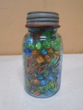 Antique Blue Quart Jar Full of Glass Marbles
