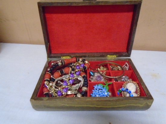 Wooden Jewelry Box Filled w/ Jewelry