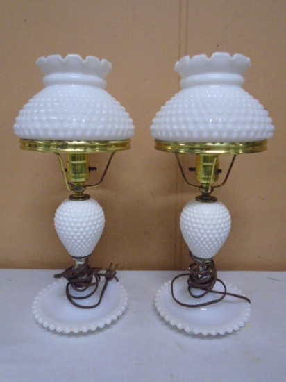 Set of Vintage Hobnail Milk Glass Table Lamps
