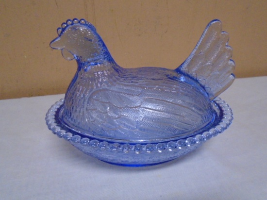 Vintage Blue Indiana Glass Hen on Nest