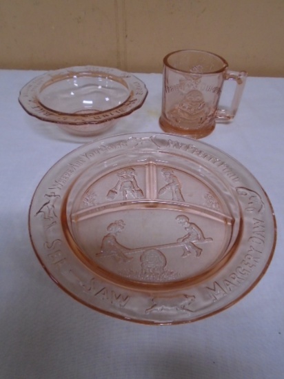 Pink Depression Glass 3 Pc. Nursery Rhyme Dish Set