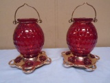 2 Matching Glass Top Hanging Hummingbird Feeders