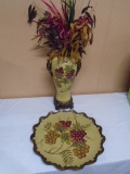 Beauiful Painted Large Double Handle Vase & Matching Platter