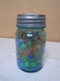 Vintage Blue Glass Pint Jar Full of Marbles
