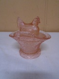 Vintage Pink Glass Hen on Basket