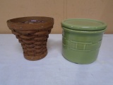 2009 Small Longaberger Basket w/Protector and Longaberger Pottery Crock w/Lid