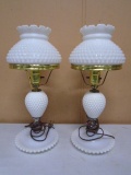 Set of Vintage Hobnail Milk Glass Table Lamps