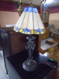 Iron Table Lamp w/ Leaded Glass Shade