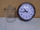 Glass Candy/Cookie Jar & Round Kitchen Clock