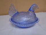 Vintage indiana Glass Blue Hen on Nest