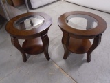 2 Matching Solid Wood Round End Tables w/ Glass Inserts