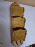 Solid Oak 3 Tier Letter Holder w/ Key Hangers