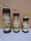 3pc Set of Decorative Pottery Covered Jars w/ Birds