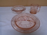 Vintage 3 Pc. Pink Glass Child's Nursery Rhyme Set