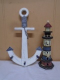 Wood & Rope Anchor Wall Décor & Wooden Lighthouse