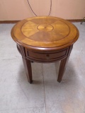 Round Inlayed Top Solid Wood Side Table w/ Drawer