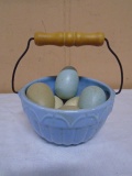 Small Crock Bowl w/ Bale Handle Filled w/ Wooden Eggs