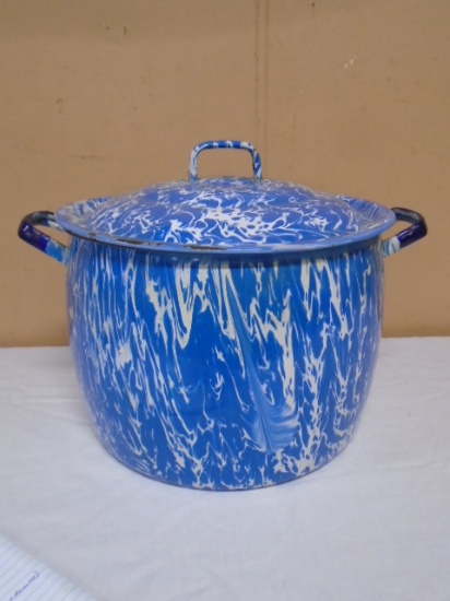 Antique Blue White Swirl Graniteware Large Stock Pot