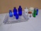 Glass Tray w/ Vintage Salt & Pepper Shakers & Bottles