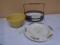 4pc Group of Vintage Look Plates in Metal Holder & Small Crock Bowl