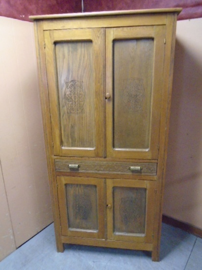 Beautiful Antique Oak Cabinet w/2 Sets of Double Doors and Drawer